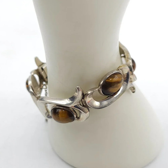 Sterling Silver Tigers Eye Bracelet By Fidencio Serrano Taxco Artisan - Picture 2 of 8
